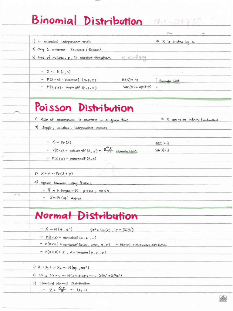 H2 Maths Summary Notes Distributions | PDF