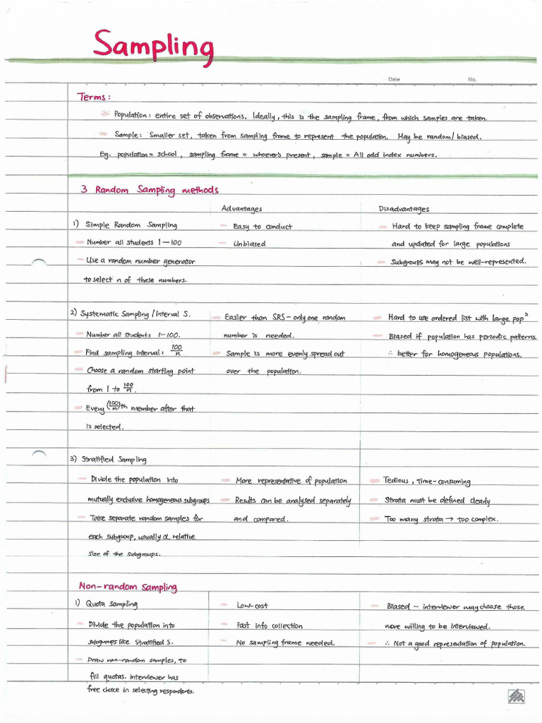 H2 Maths Summary Notes Sampling | PDF