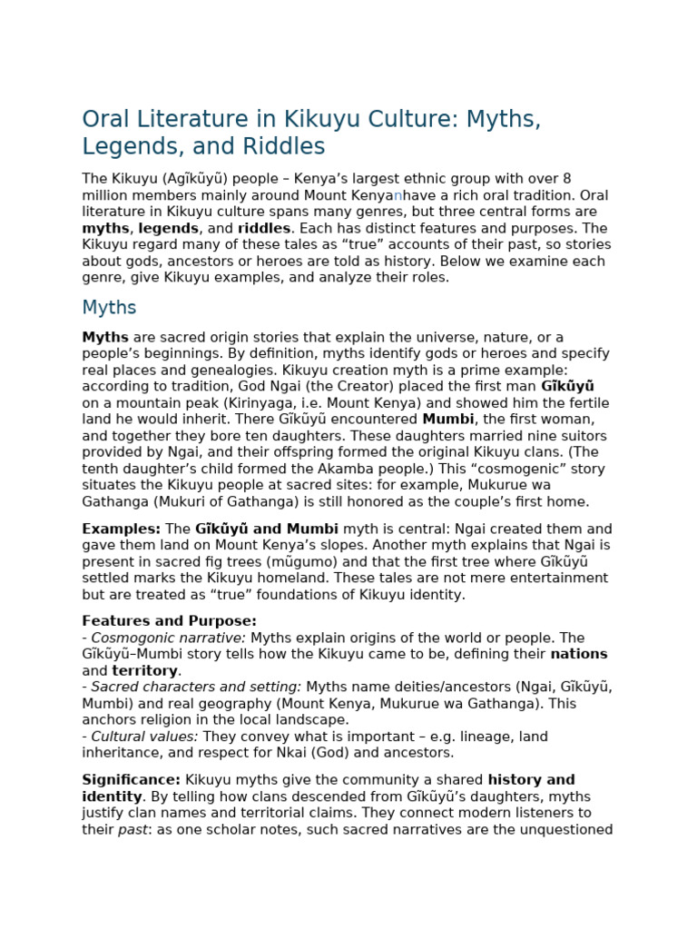 Oral Literature in Kikuyu Culture - Myths, Legends, and Riddles | PDF ...