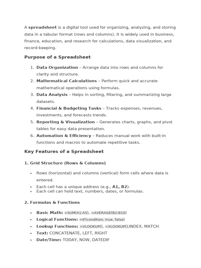 Understanding Spreadsheets: Key Features | PDF | Spreadsheet | Computing