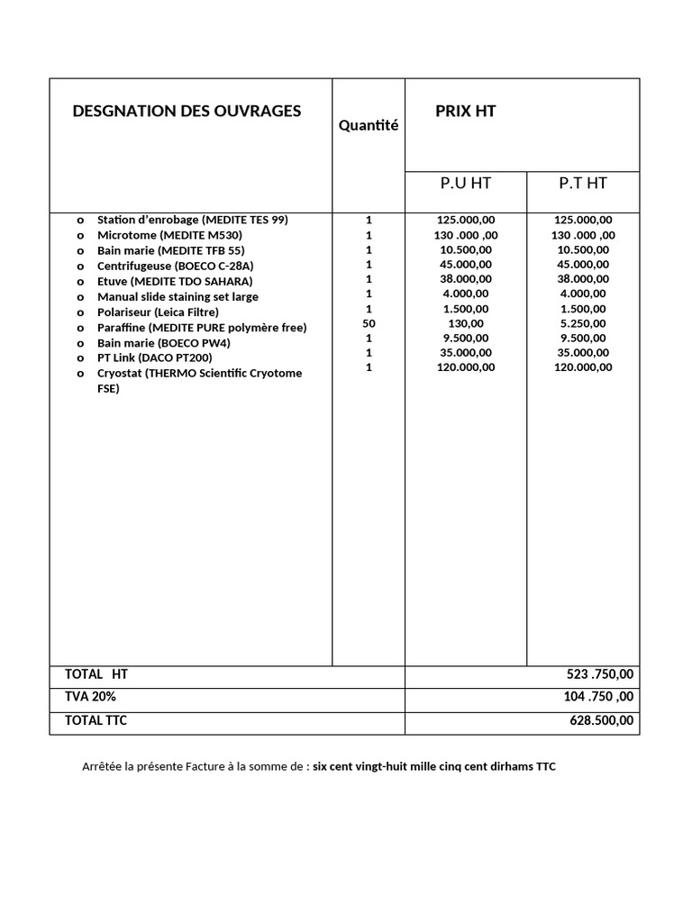 Liste des équipements et prix HT | PDF