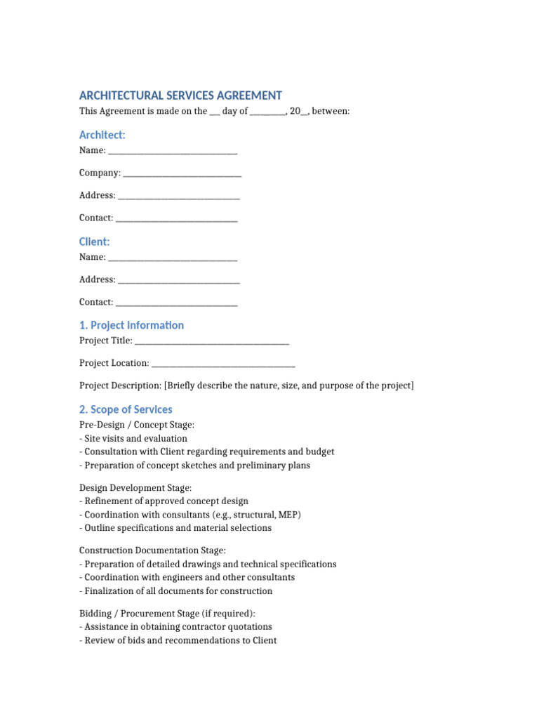 Architect-Client Agreement Template | PDF | Architect | Specification ...