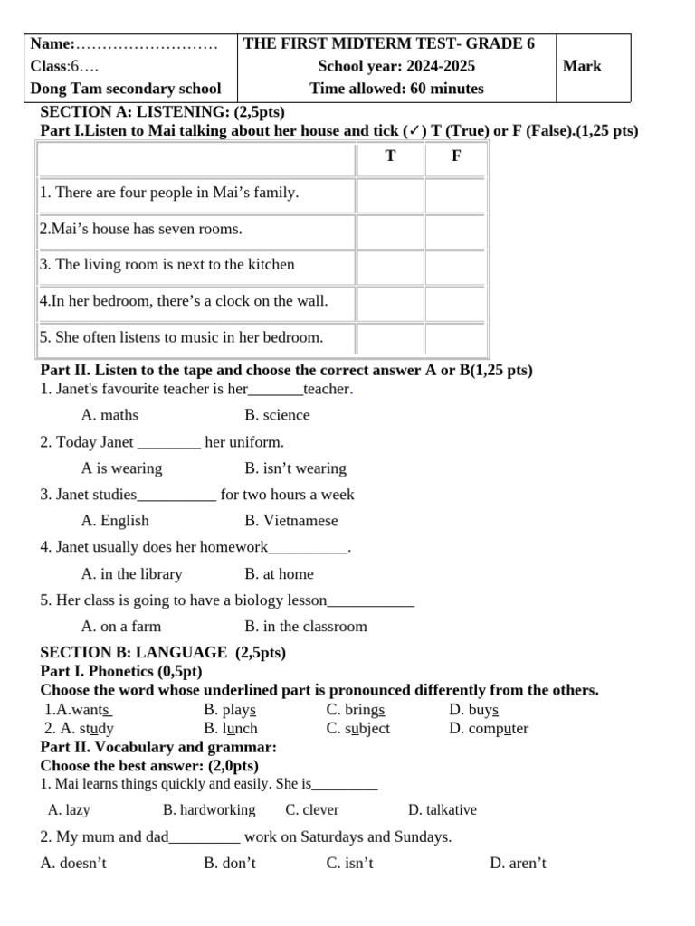 Grade 6 Midterm English Test 2024-2025 | PDF