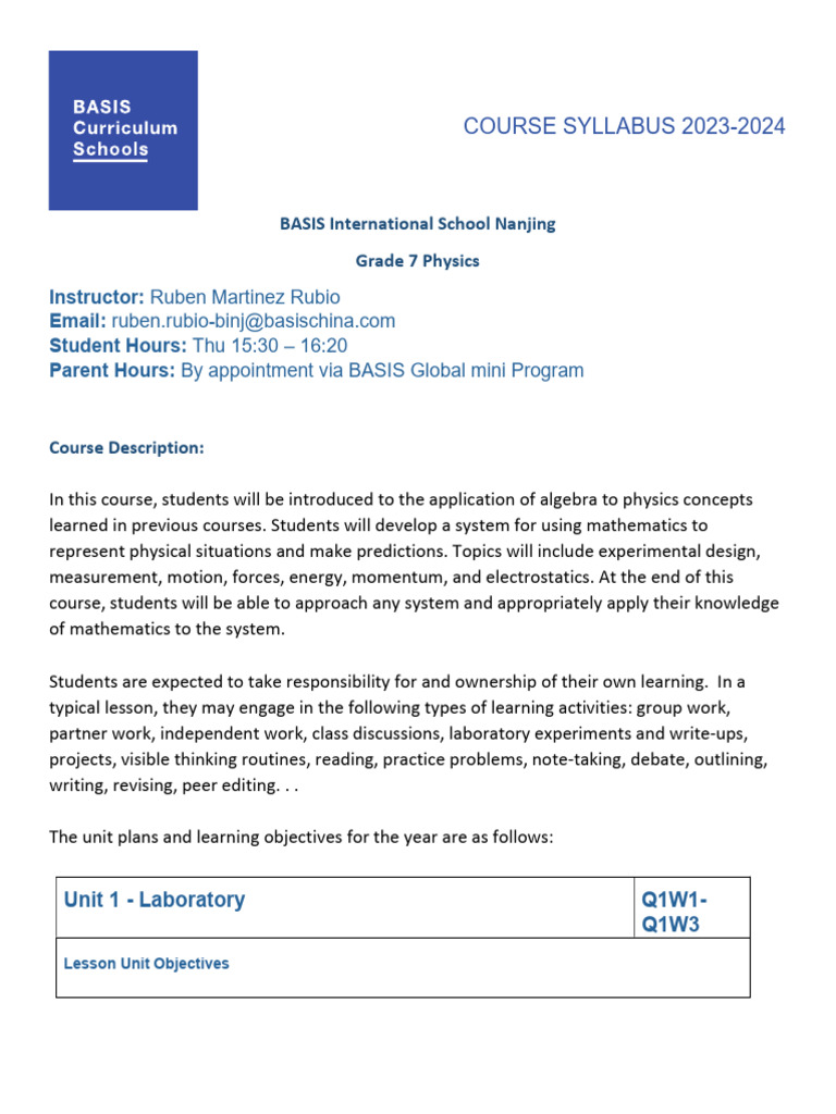 Grade 7 Physics Course Syllabus | PDF | Force | Waves