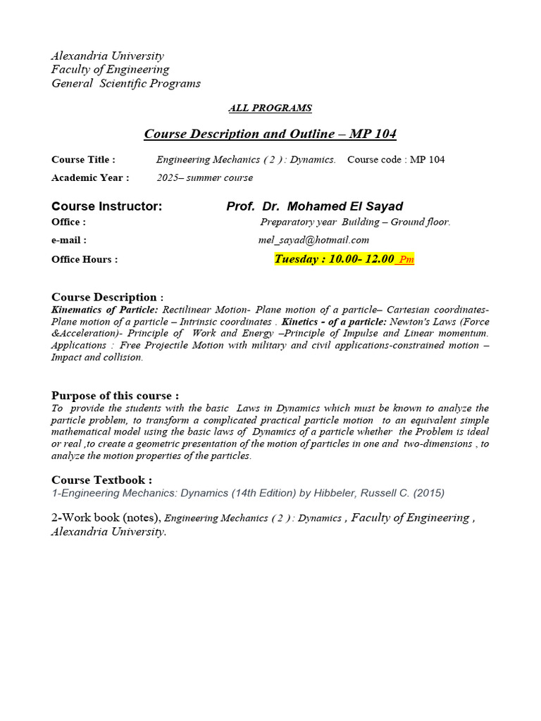 Course Description MP104 - 25 (Summer) | PDF | Kinematics | Mechanics