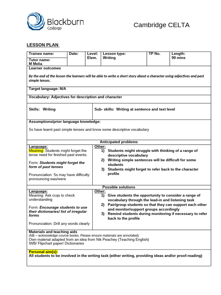 CELTA Writing Lesson Plan for Beginners | PDF | Vocabulary | Adjective