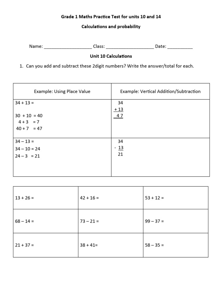 Grade 1 Maths Test: Calculations & Patterns | PDF | Multiplication ...