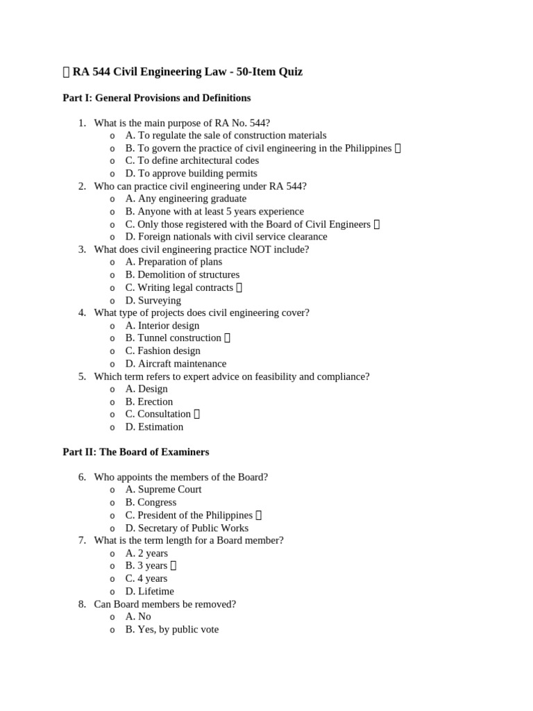 RA 544 Civil Engineering Law Quiz | PDF