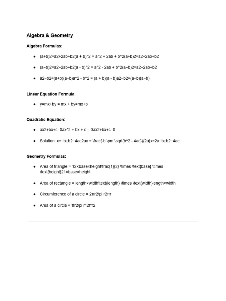 Quick Reference - Math Formulas For High School Students | PDF