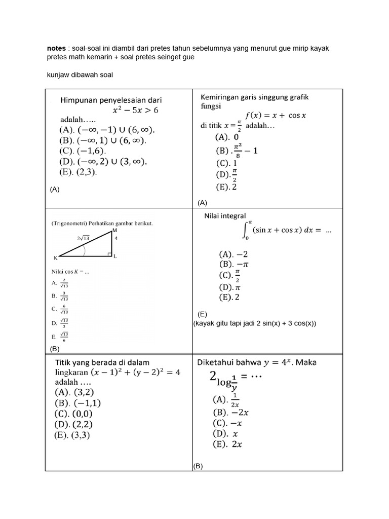 Soal Pretes Matematika dan Kunci Jawaban | PDF
