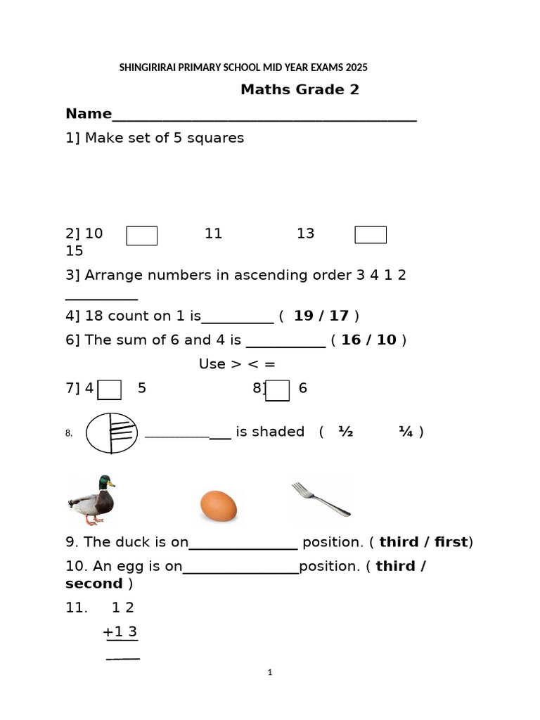 Grade 2 Maths Exam Paper 2025 | PDF