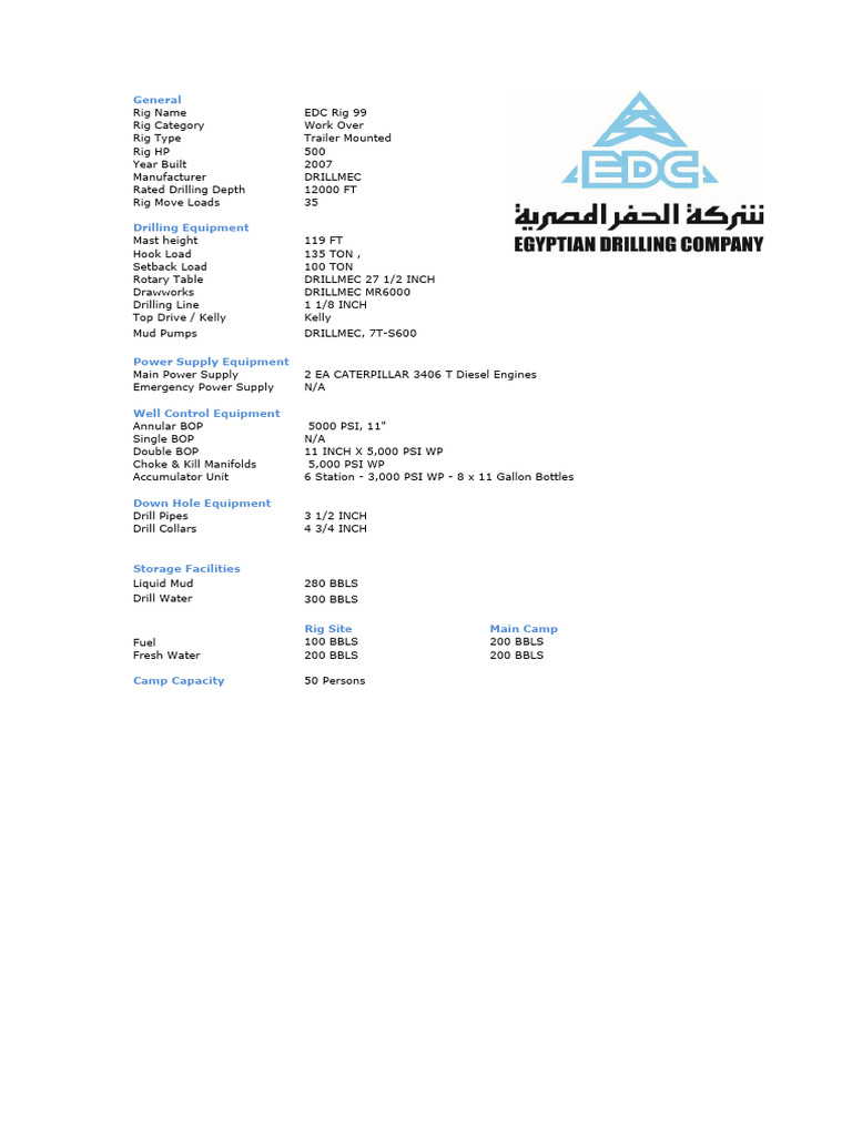 Workover Rig EDC 99 Specifications | PDF