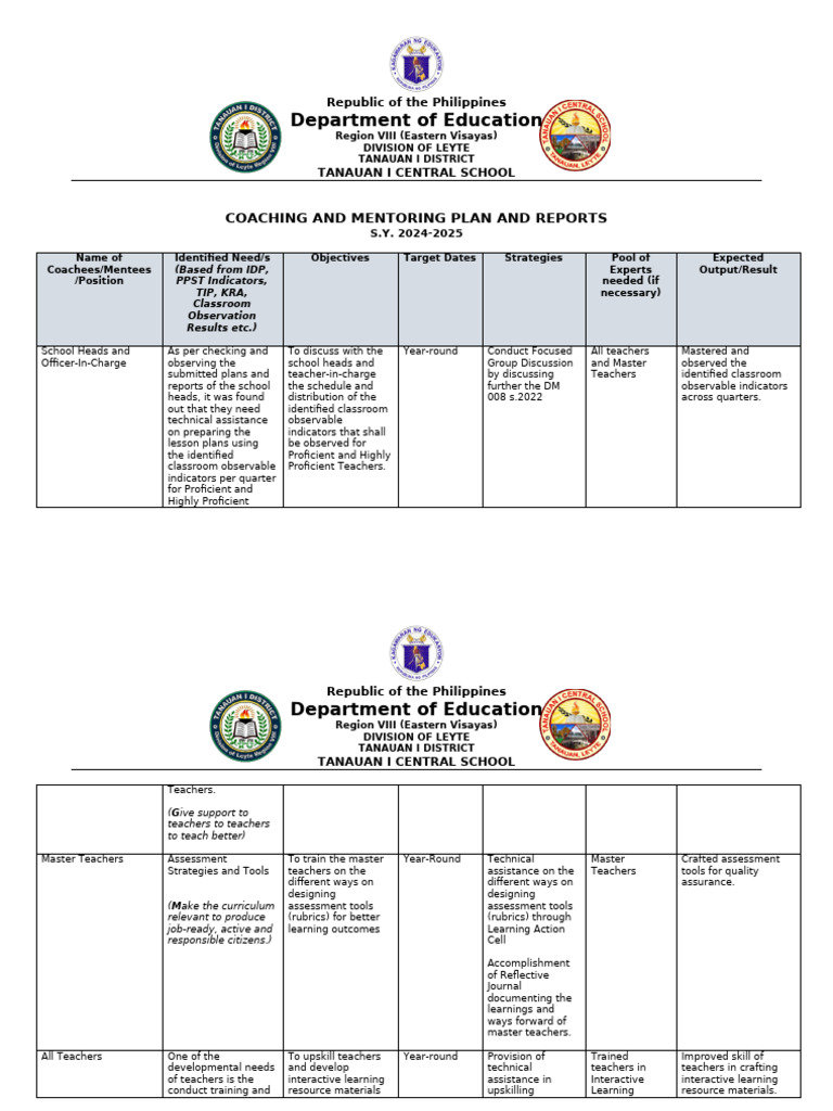 Coaching and Mentoring Plan 2024-2025 | PDF | Teachers | Mentorship
