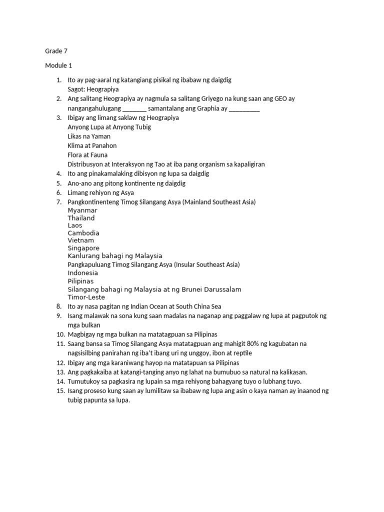 Grade 7 Answer Sheets Module 1 | PDF