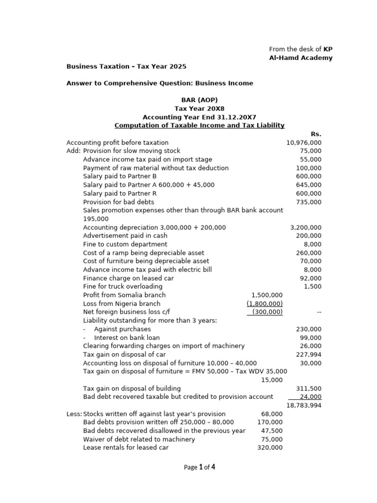 Tax Computation for AOP 2025 | PDF | Taxes | Bad Debt