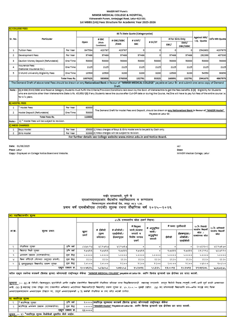MIMSR Latur MBBS Fees Structure 2025 | PDF | Affirmative Action ...