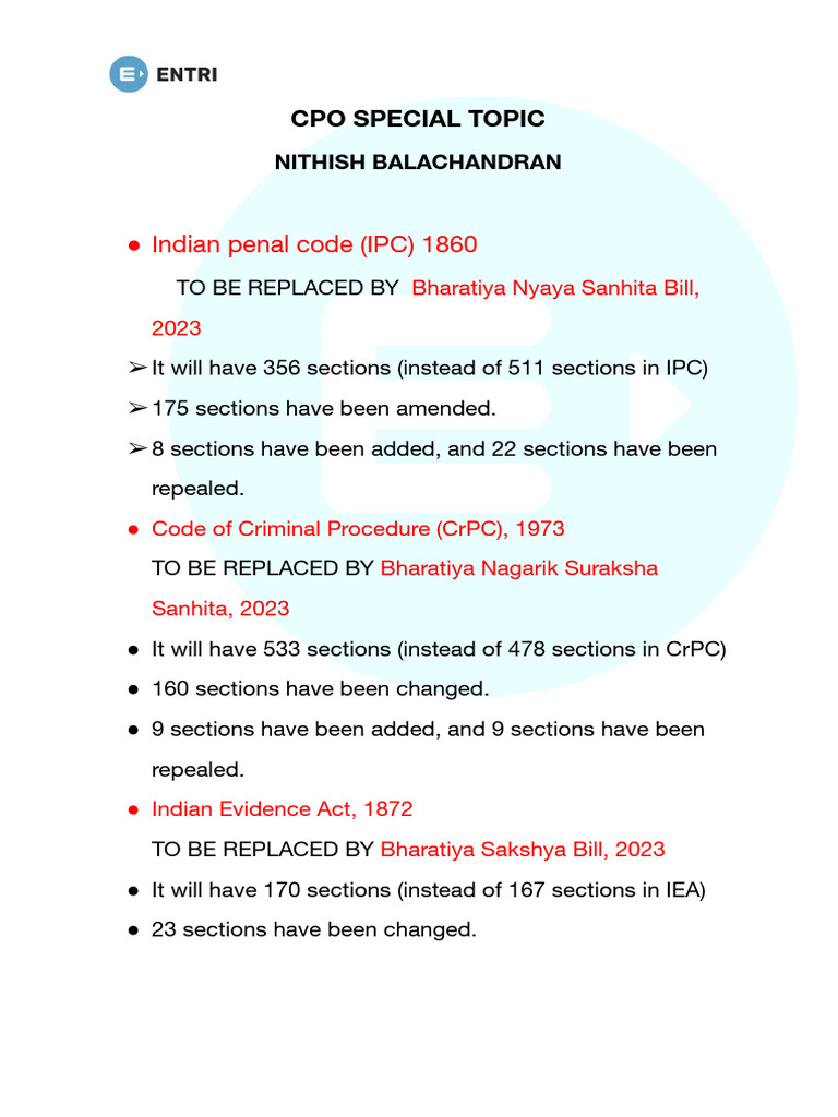 Indian Penal Code (IPC) 1860: Cpo Special Topic | PDF