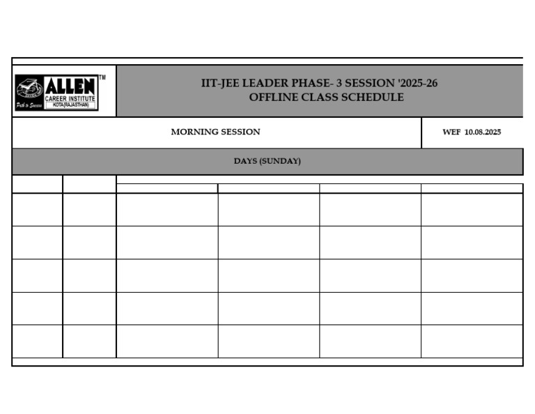 IIT-JEE 2025-26 Offline Class Schedule | PDF