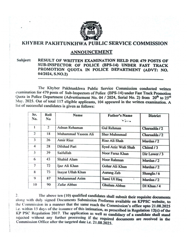 Written Examination Qualified Sub Inspector Fast Track 04 2024 02 | PDF
