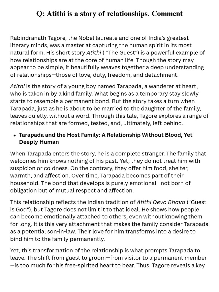 Q Atithi Is A Story of Relationships. Comment | PDF | Love | Rabindranath Tagore