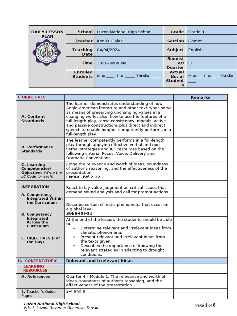 Grade 9 English Daily Lesson Plan | PDF | Flood | Landslide