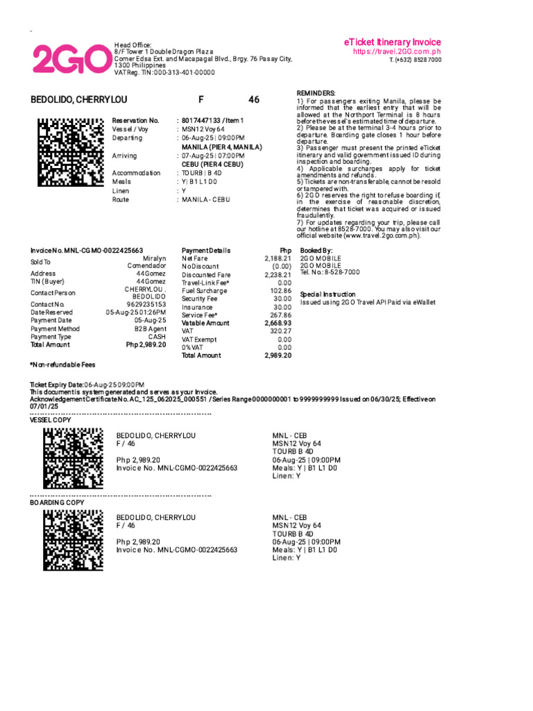 2GO Travel - Itinerary Receipt | PDF | Ticket (Admission) | Value Added Tax