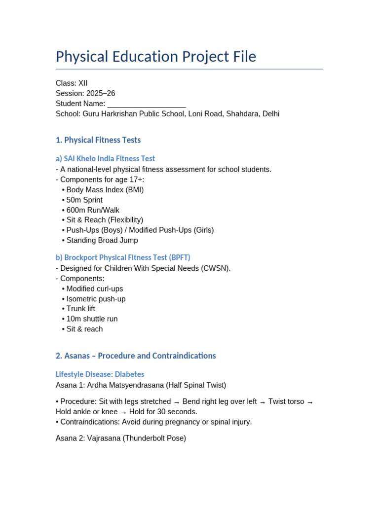 Class 12 Physical Education Project | PDF | Asana