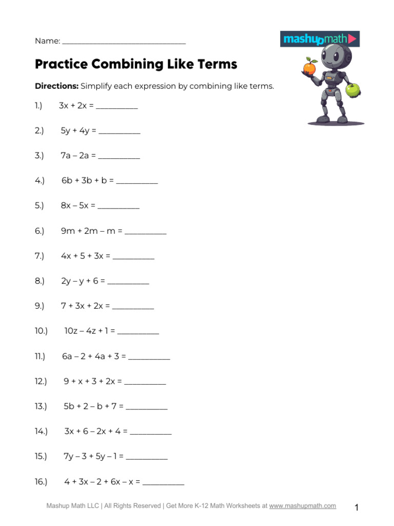 Combining Like Terms Practice Worksheet | PDF