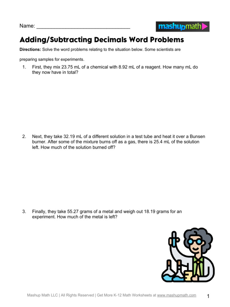Adding Subtracting+Decimals+Word+Problems+ (A) | PDF