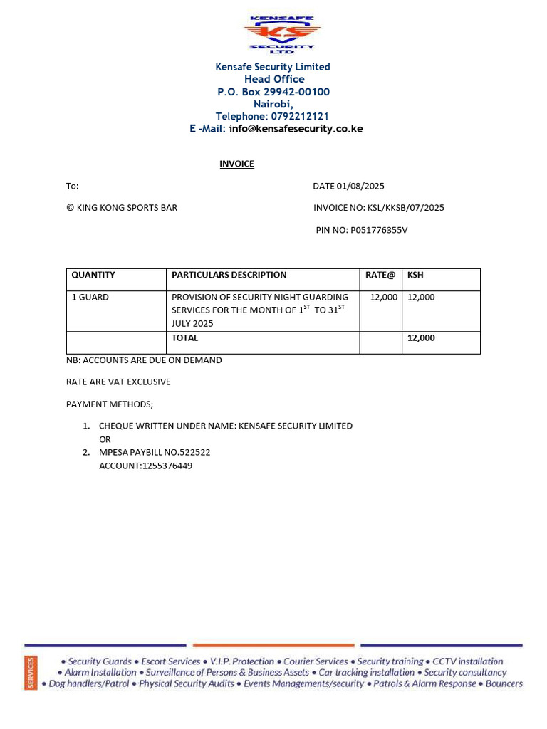 Invoice for Security Services - July 2025 | PDF