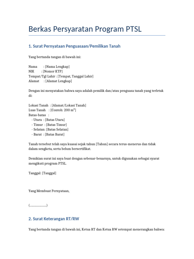 Berkas Persyaratan Pendaftaran PTSL | PDF