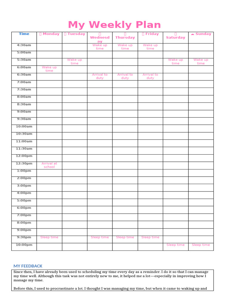 Weekly Time Management Plan | PDF | Sleep