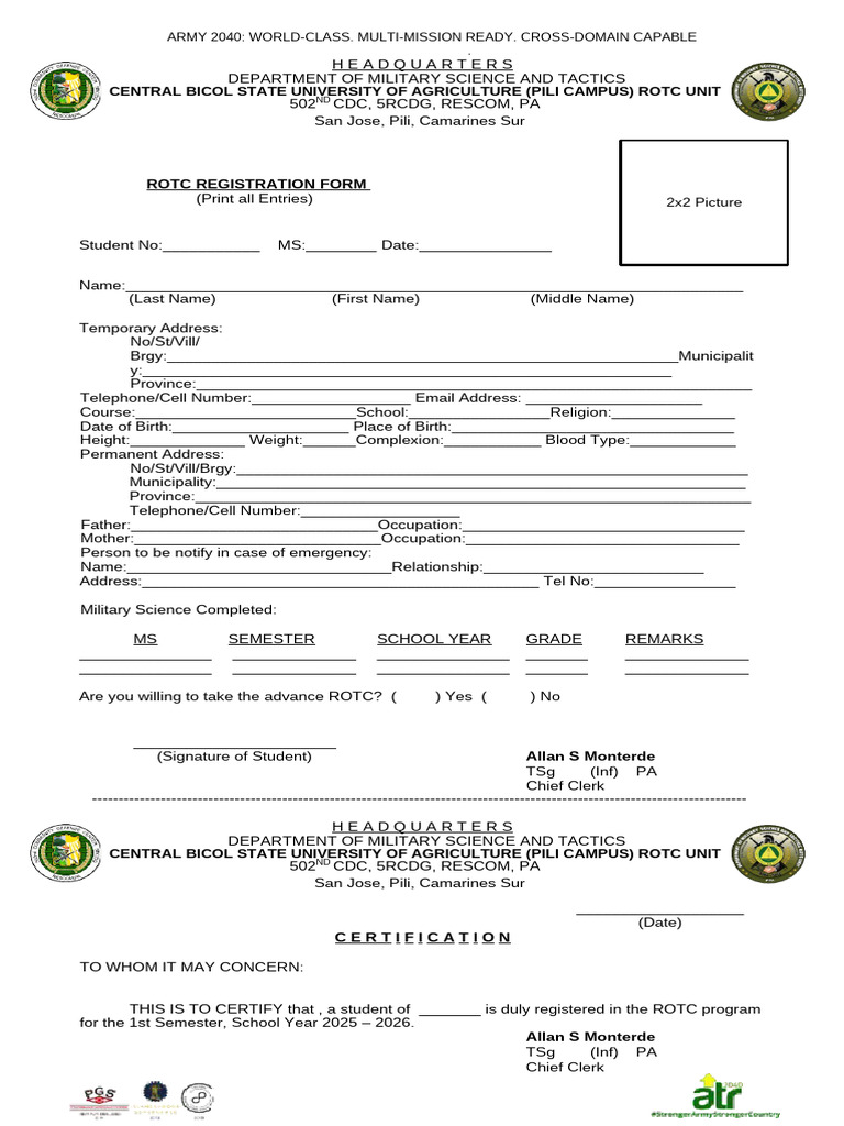 ROTC Registration Form 2025-2026 | PDF