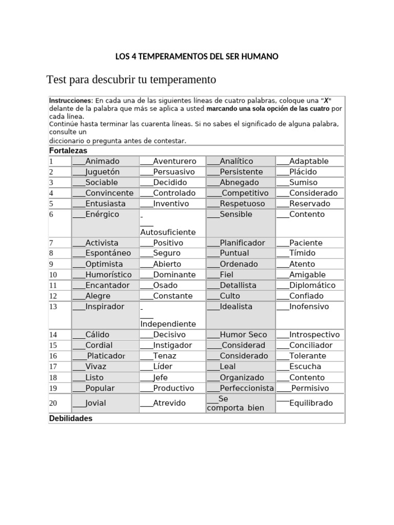 Test de los 4 Temperamentos | PDF