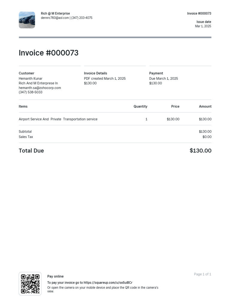 Invoice #000073 for Airport Service | PDF