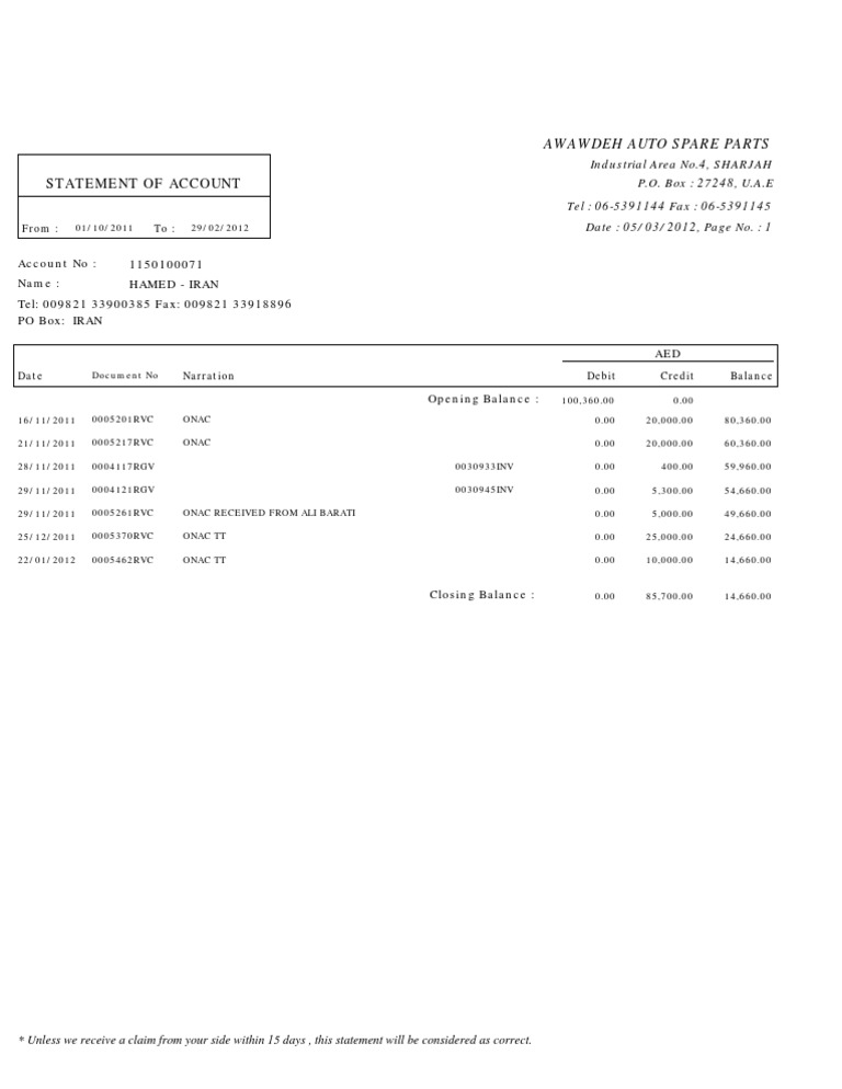 Awawdeh Auto Spare Parts Account Statement | PDF