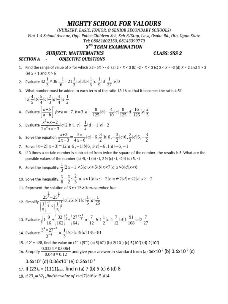 SSS 2 Mathematics Exam Questions | PDF | Mathematics