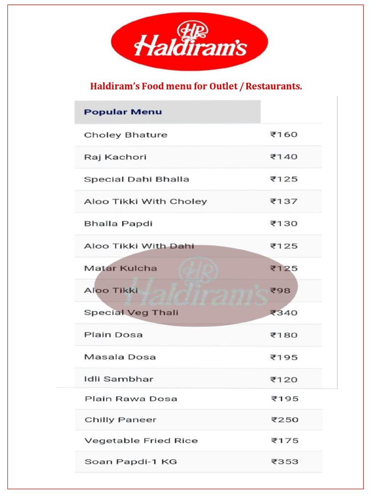 Food Menu of Haldirams Restaurants. | PDF