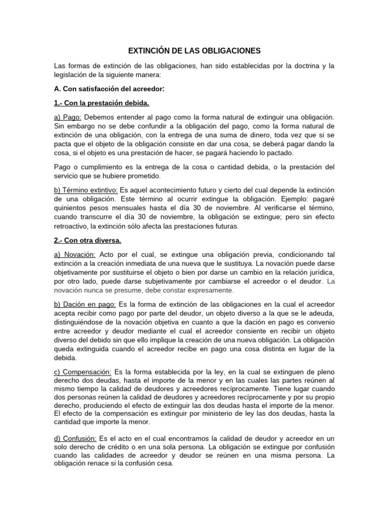 Formas de Extinción de Obligaciones | PDF | Pagos | Estatuto de ...