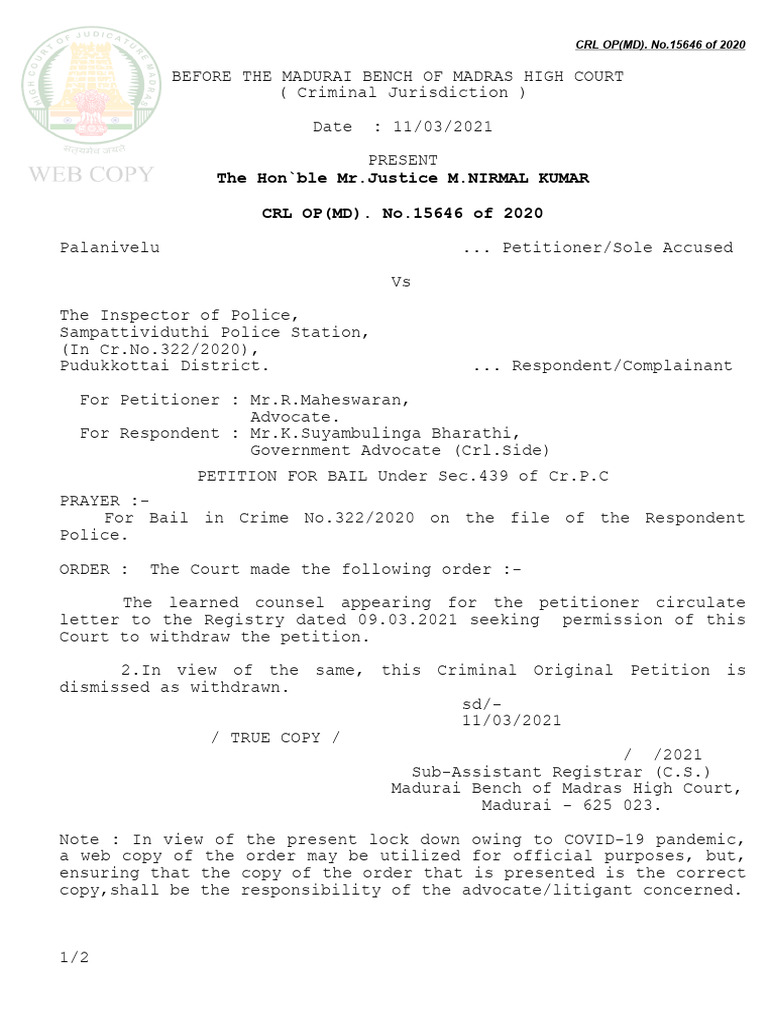 Withdrawal of Bail Petition Order | PDF | Crime & Violence | Law ...