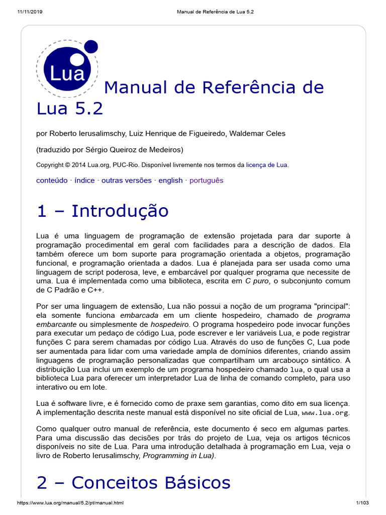 Manual de Referência Lua 5.2 em Português | PDF | Compilador | Função ...