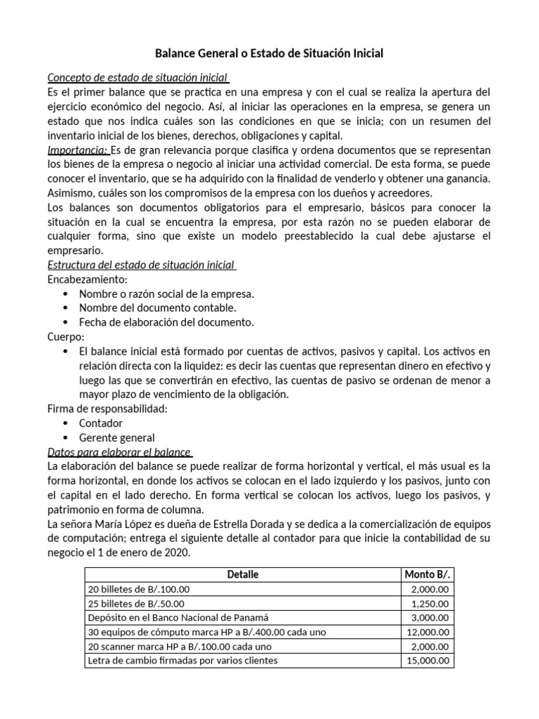 Cont. 10º - Balance General o Estado de Situación Inicial | PDF ...
