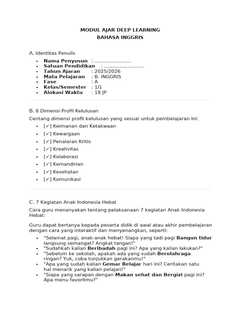 Modul Ajar RPM Bahasa Inggris Kelas 1 | PDF