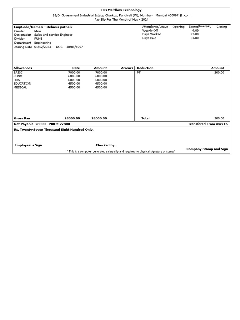 May 2024 Pay Slip for Debasis Patnaik | PDF