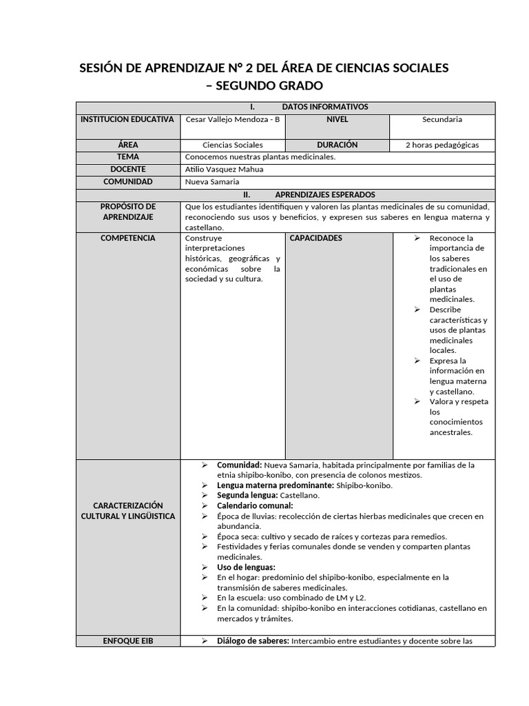Sesión de Aprendizaje #2 Area de Ciencial Sociales Grado 2 | PDF ...