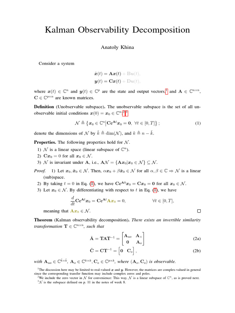 Kalman Observability Decomposition Explained | PDF | Eigenvalues And ...