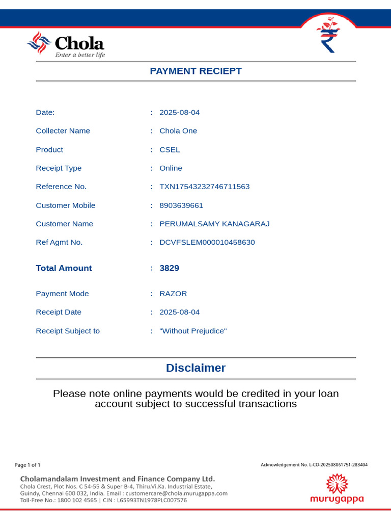 Chola One Payment Receipt - CSEL | PDF