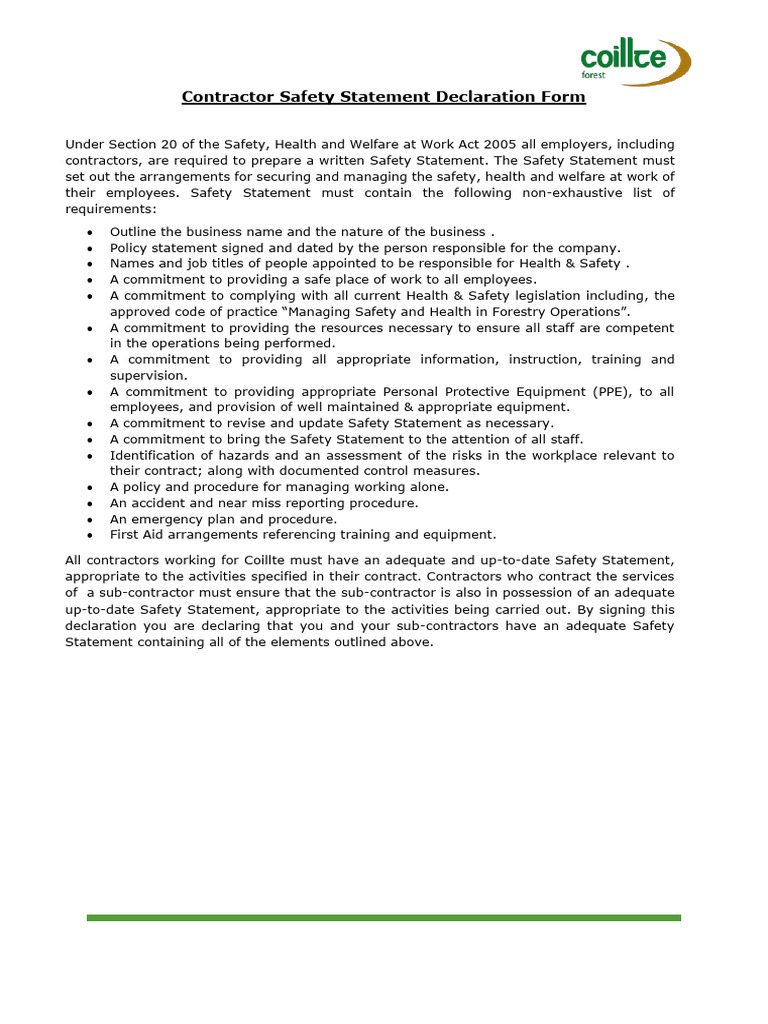 Safety Statement Declaration | PDF | Occupational Safety And Health ...