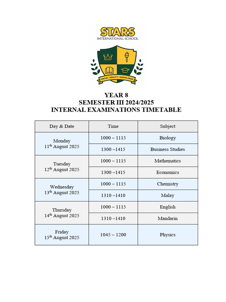 Year 8 Exam Timetable 2025 | PDF