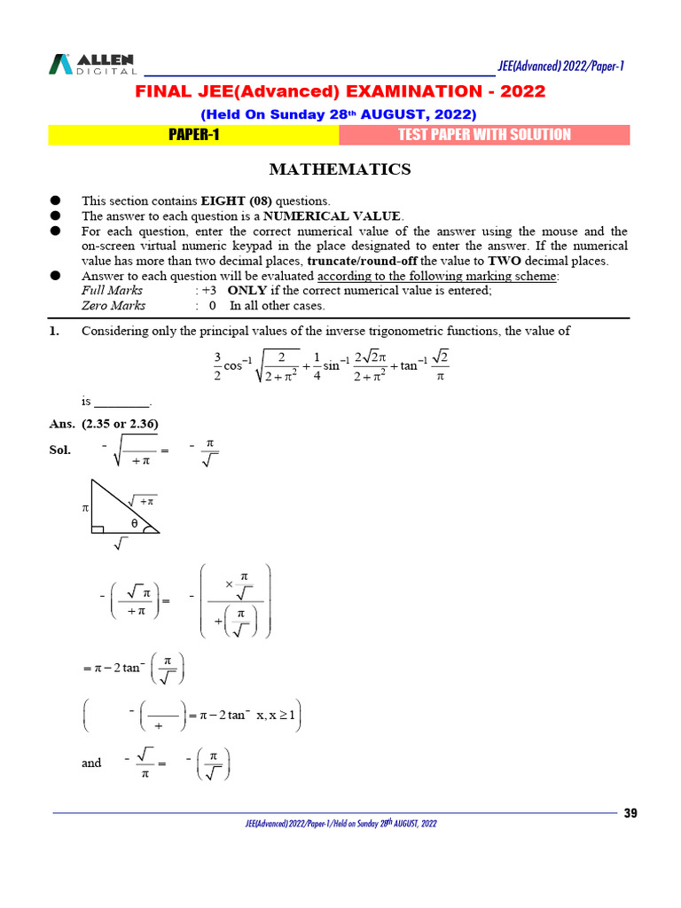 JEE Advanced 2022 Mathematics Solutions | PDF | Pi | Numbers
